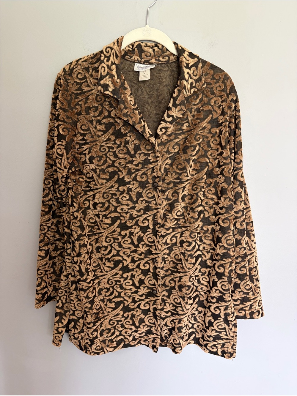 DIANE VON FURSTENBERG Tunic Top Size L Gold Velvet Burnout Brocade Button Up